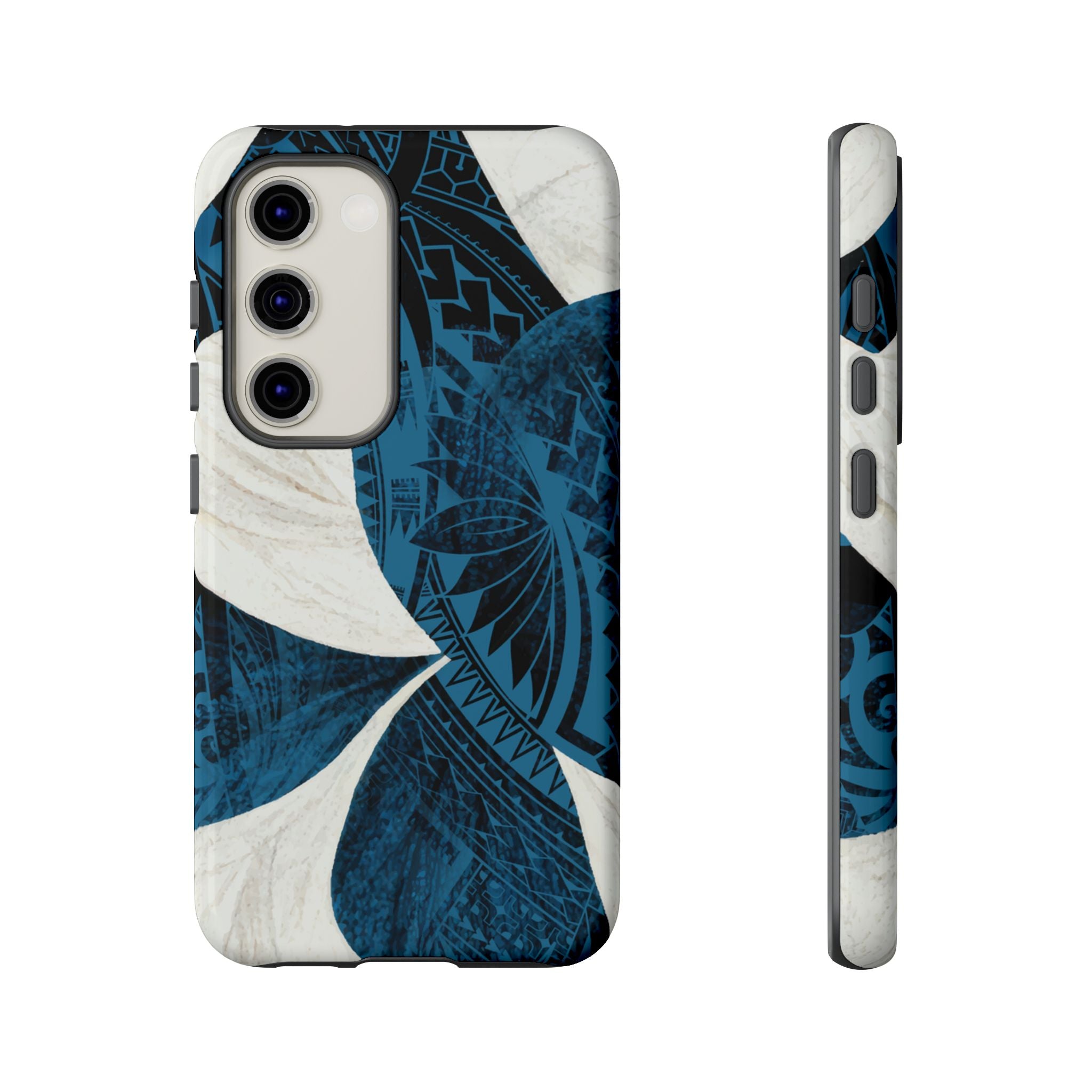 Woman holding Hana Breeze Tough Samsung Galaxy Case - Hawaiian Blue Plumeria Polynesian Botanical Design - The Local Banyan