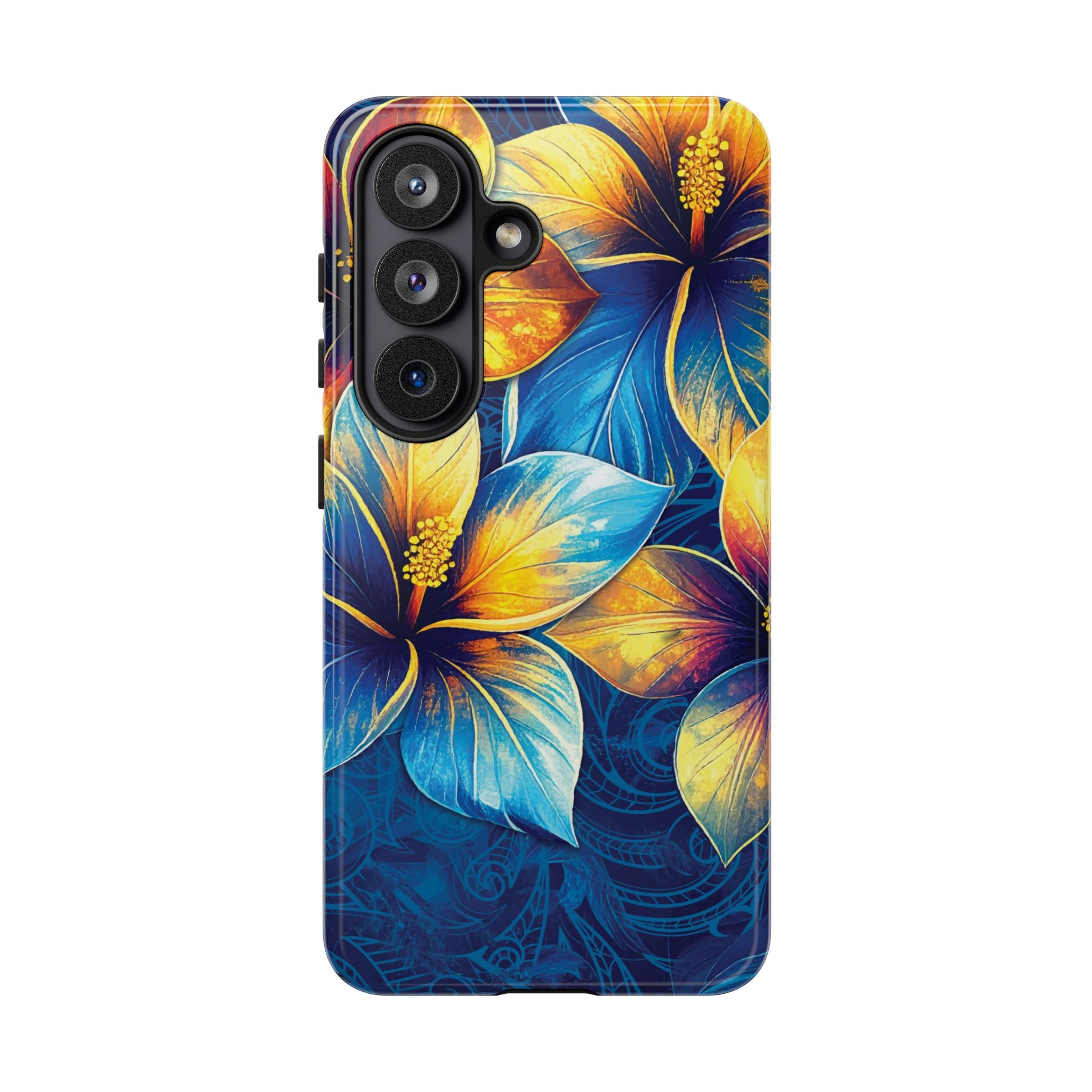 Woman holding Pua La Tough Samsung Galaxy Case - Hawaiian Golden Hibiscus Sun Flower Sapphire Design - The Local Banyan