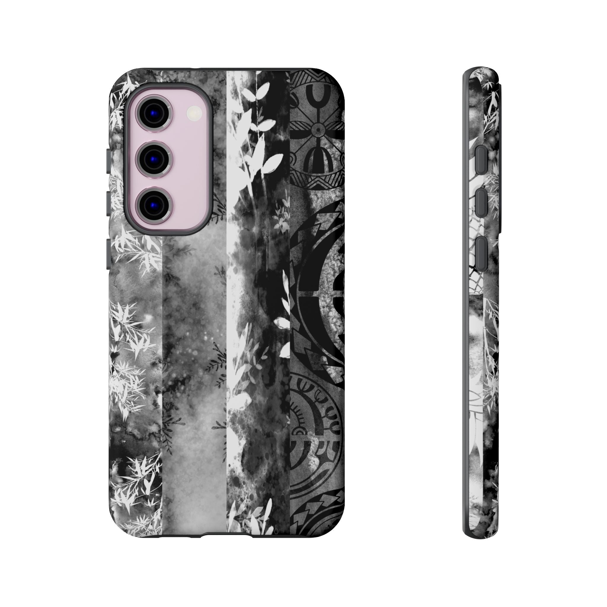 Woman holding Monochrome Oasis Tough Samsung Galaxy Case - Hawaiian Black White Botanical Tribal Design - The Local Banyan