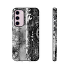 Woman holding Monochrome Oasis Tough Samsung Galaxy Case - Hawaiian Black White Botanical Tribal Design - The Local Banyan