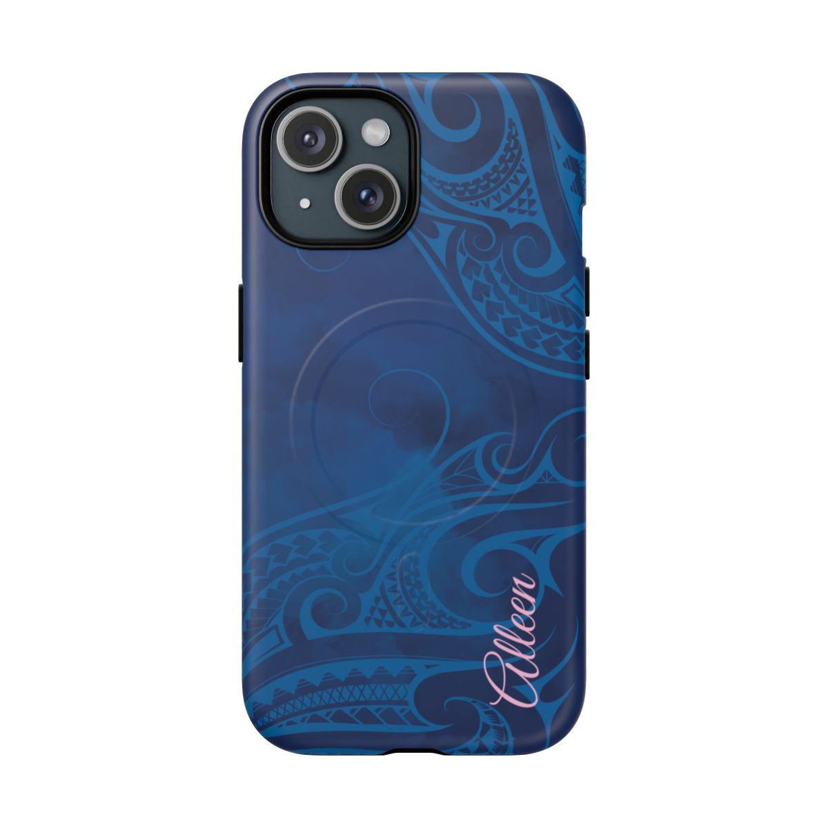 Woman holding Kai Legacy Personalized MagSafe iPhone Case - Hawaiian Ocean Blue Polynesian Tribal Design - The Local Banyan