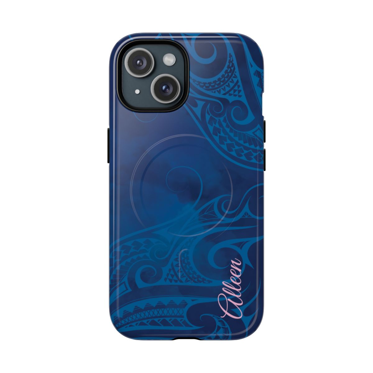 Woman holding Kai Legacy Personalized MagSafe iPhone Case - Hawaiian Ocean Blue Polynesian Tribal Design - The Local Banyan