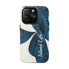Woman holding Hana Breeze Personalized MagSafe iPhone Case - Hawaiian Blue Plumeria Polynesian Botanical Design - The Local Banyan