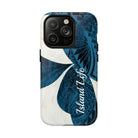 Hana Breeze Personalized MagSafe iPhone Case Detail View - Hawaiian Blue Plumeria Polynesian Botanical Design Close Up - The Local Banyan