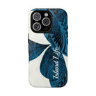 Woman holding Hana Breeze Personalized MagSafe iPhone Case - Hawaiian Blue Plumeria Polynesian Botanical Design - The Local Banyan
