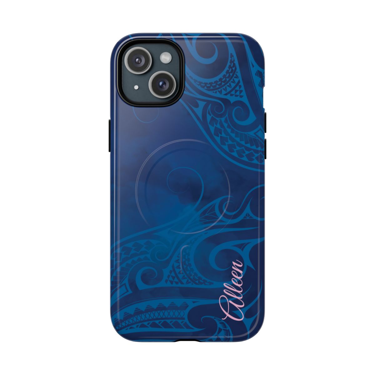 Woman holding Kai Legacy Personalized MagSafe iPhone Case - Hawaiian Ocean Blue Polynesian Tribal Design - The Local Banyan