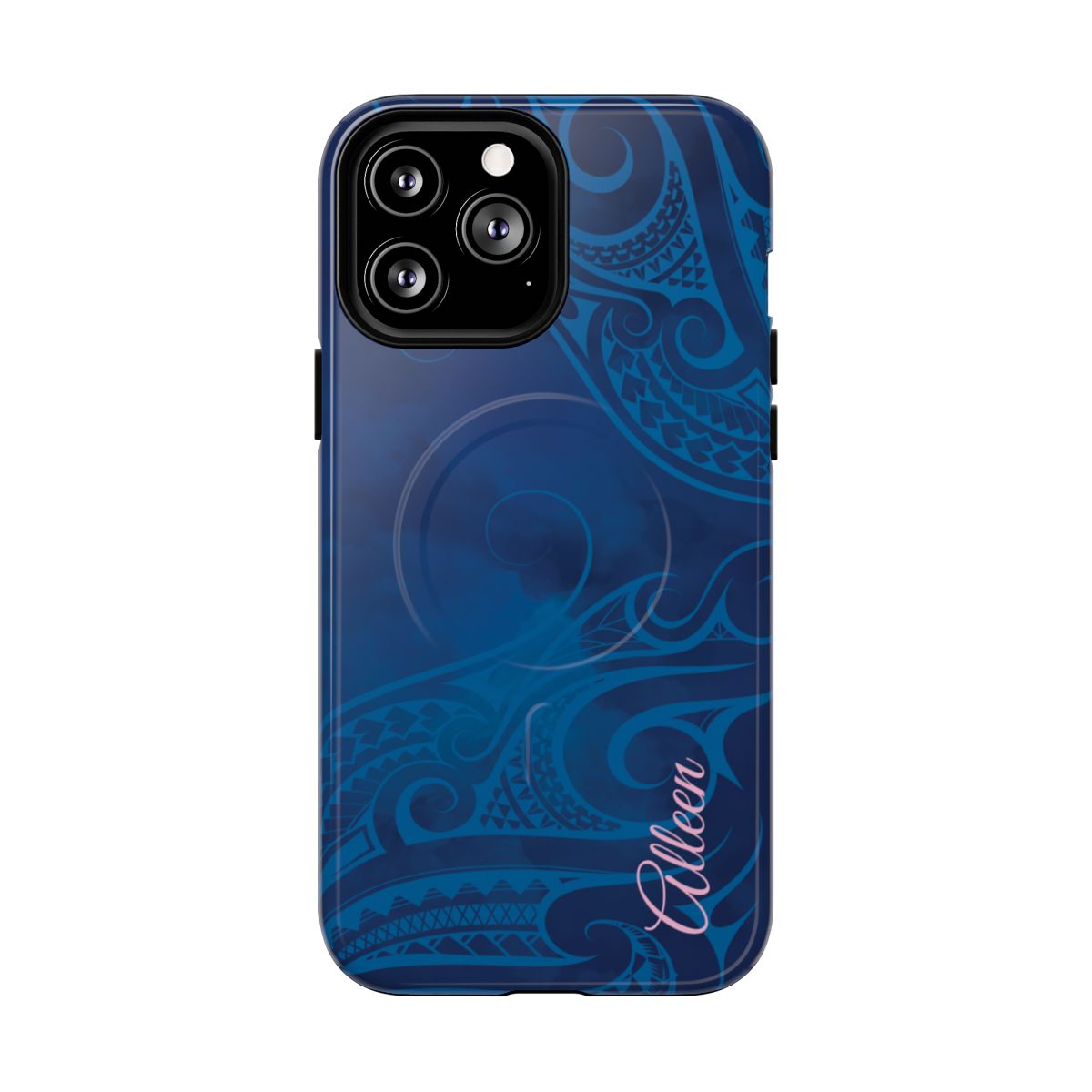 Woman holding Kai Legacy Personalized MagSafe iPhone Case - Hawaiian Ocean Blue Polynesian Tribal Design - The Local Banyan