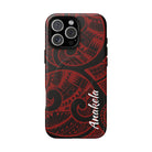 Woman holding Island Tribal Personalized MagSafe iPhone Case - Hawaiian Crimson Red Polynesian Tribal Design - The Local Banyan