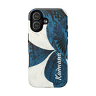 Woman holding Hana Breeze Personalized MagSafe iPhone Case - Hawaiian Blue Plumeria Polynesian Botanical Design - The Local Banyan