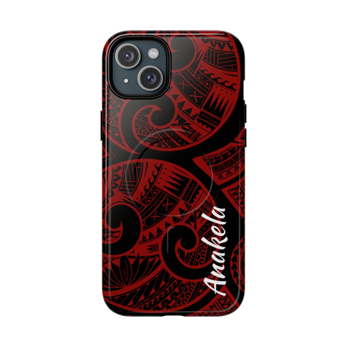 Woman holding Island Tribal Personalized MagSafe iPhone Case - Hawaiian Crimson Red Polynesian Tribal Design - The Local Banyan
