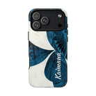 Woman holding Hana Breeze Personalized MagSafe iPhone Case - Hawaiian Blue Plumeria Polynesian Botanical Design - The Local Banyan