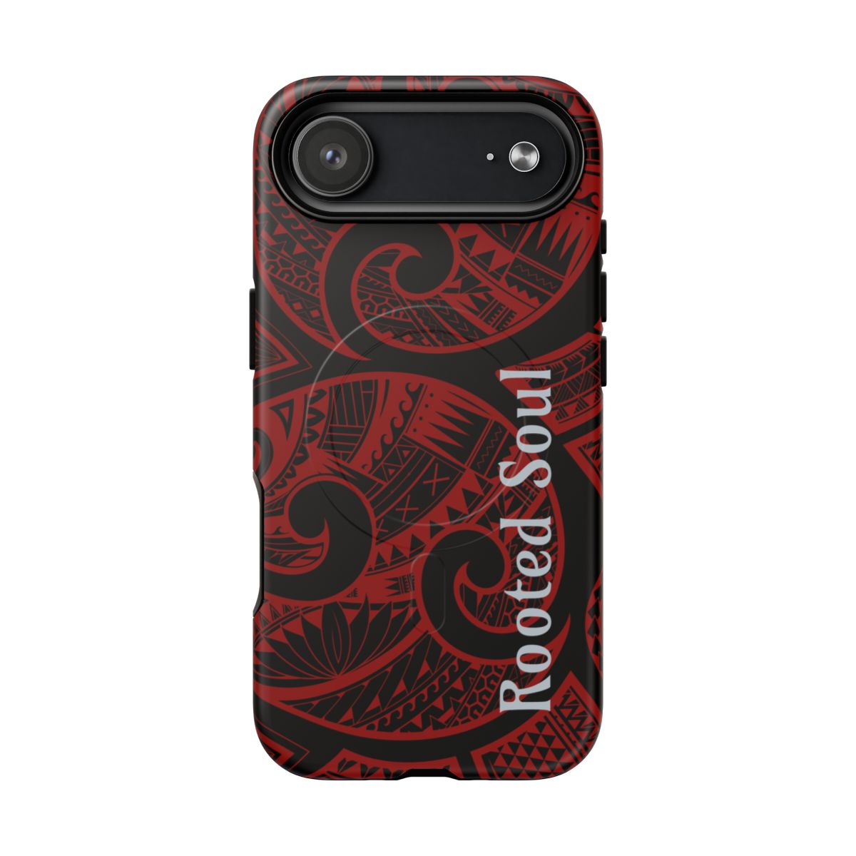 Woman holding Island Tribal Personalized MagSafe iPhone Case - Hawaiian Crimson Red Polynesian Tribal Design - The Local Banyan