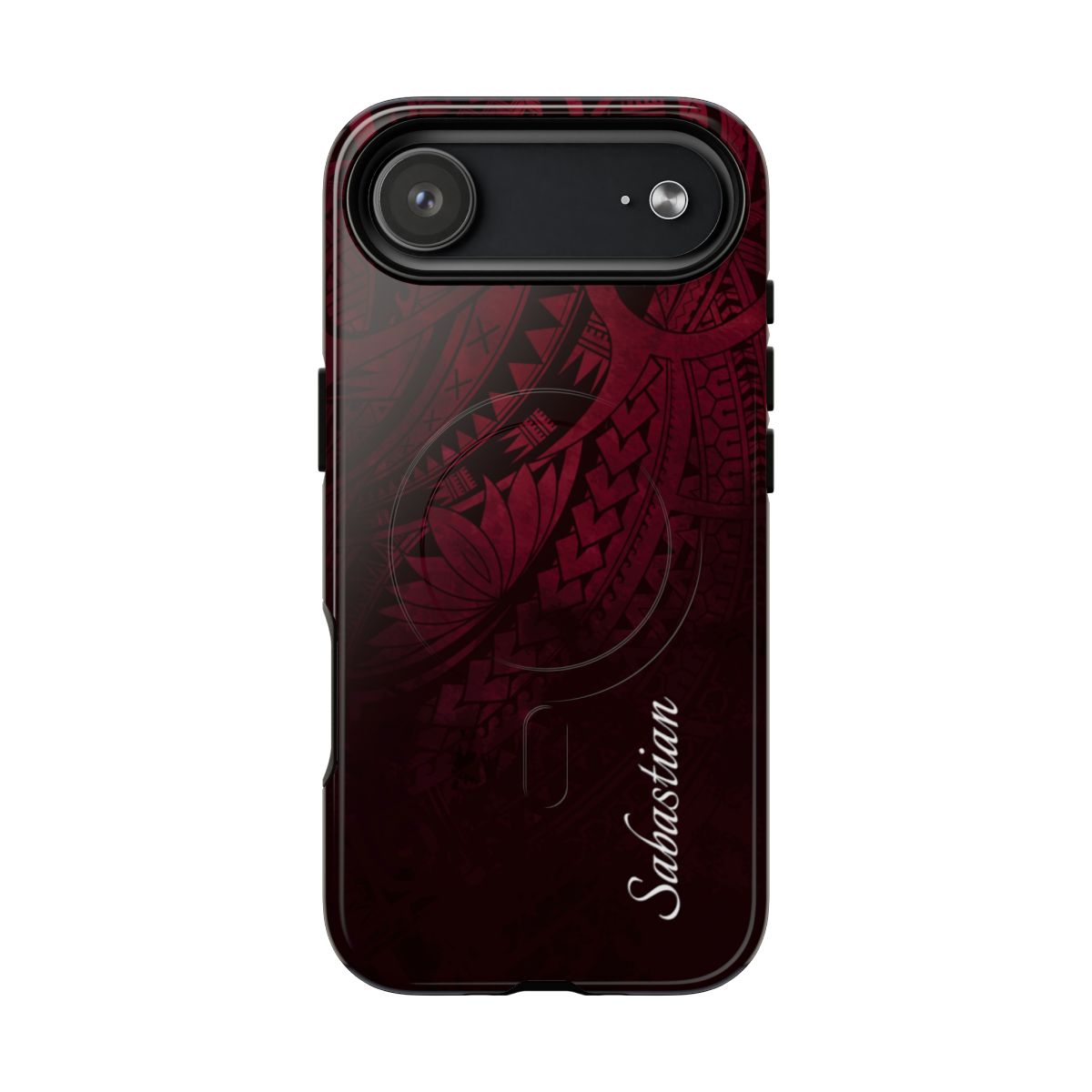 Woman holding Eternal Ember Personalized MagSafe iPhone Case - Hawaiian Red Tribal Polynesian Design - The Local Banyan