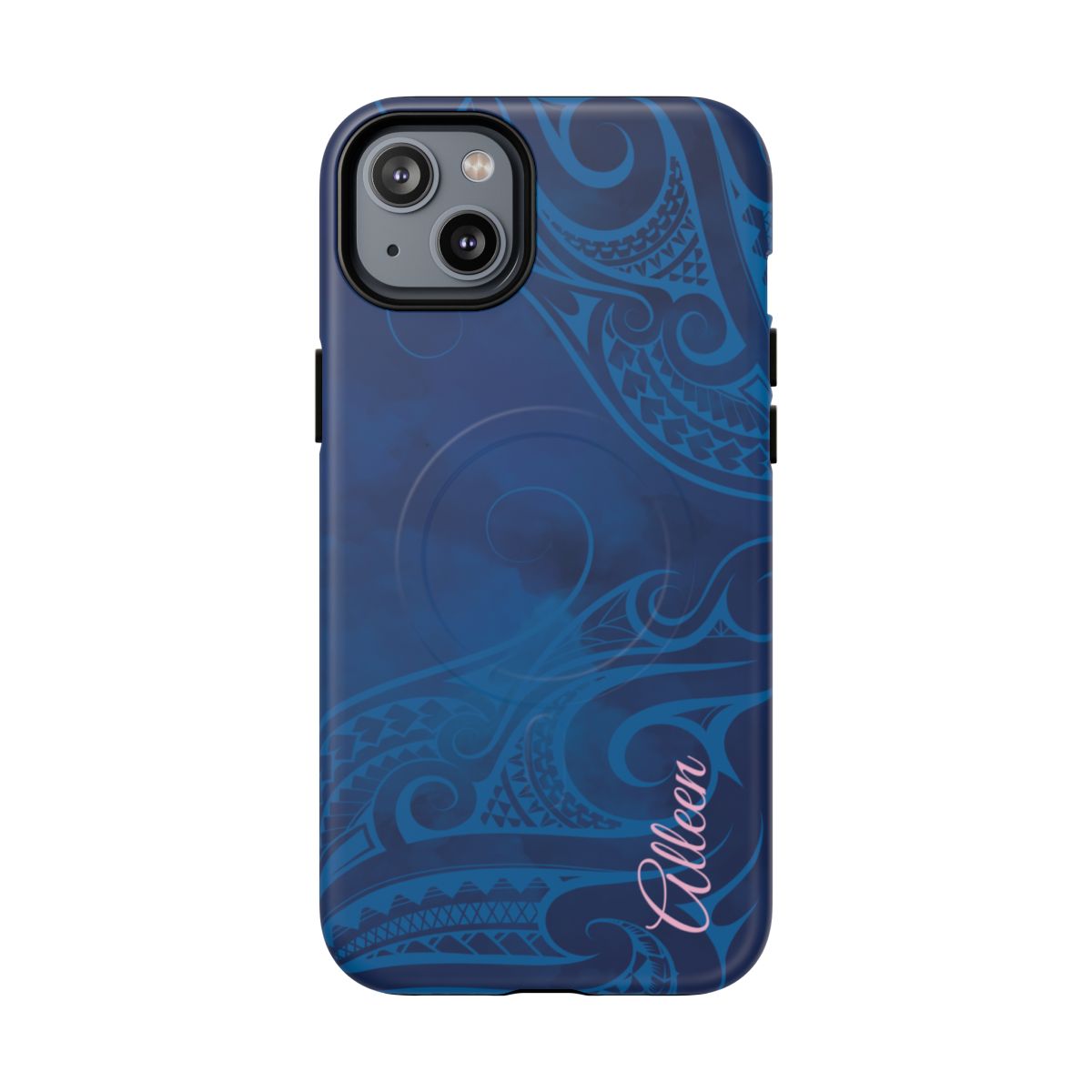 Woman holding Kai Legacy Personalized MagSafe iPhone Case - Hawaiian Ocean Blue Polynesian Tribal Design - The Local Banyan