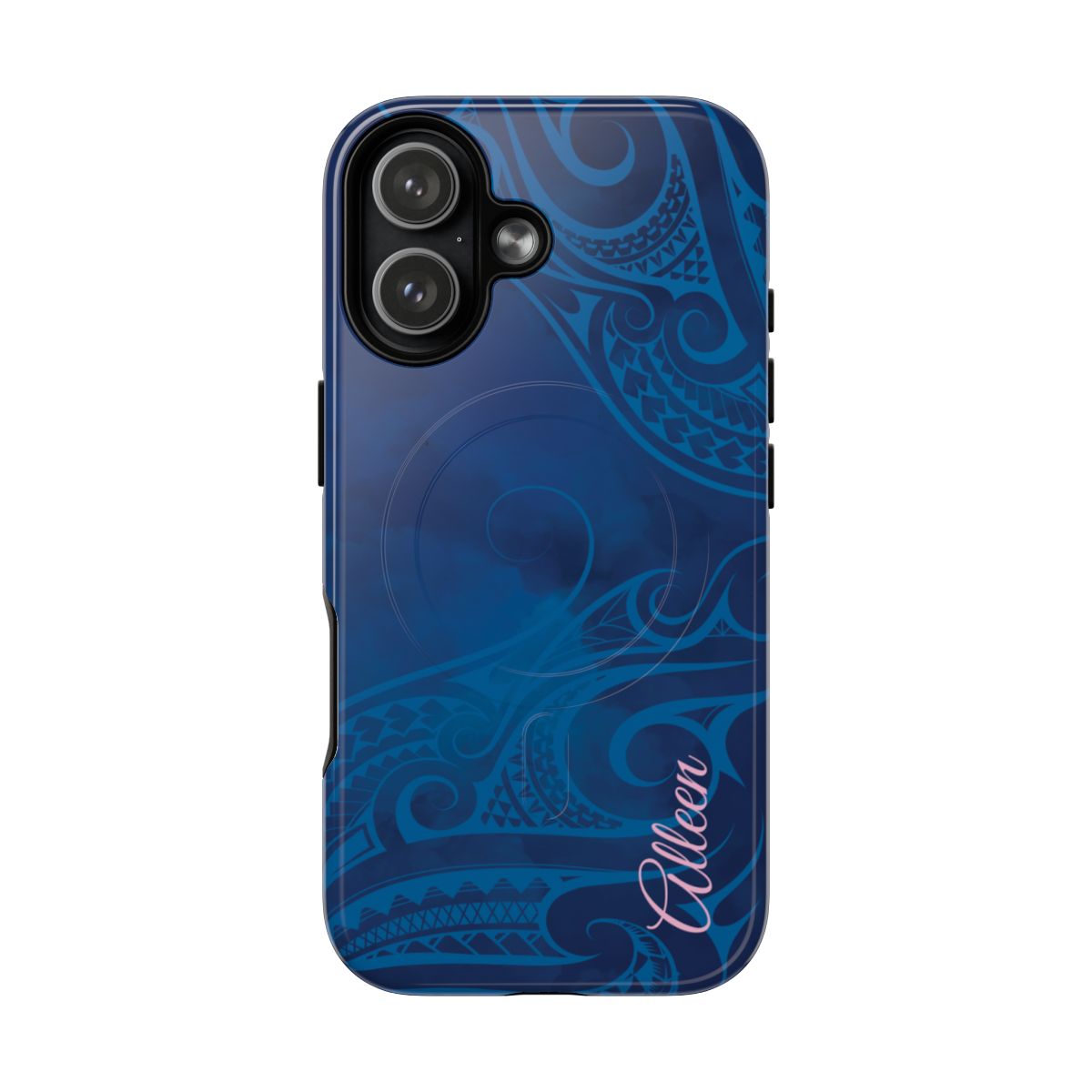 Woman holding Kai Legacy Personalized MagSafe iPhone Case - Hawaiian Ocean Blue Polynesian Tribal Design - The Local Banyan